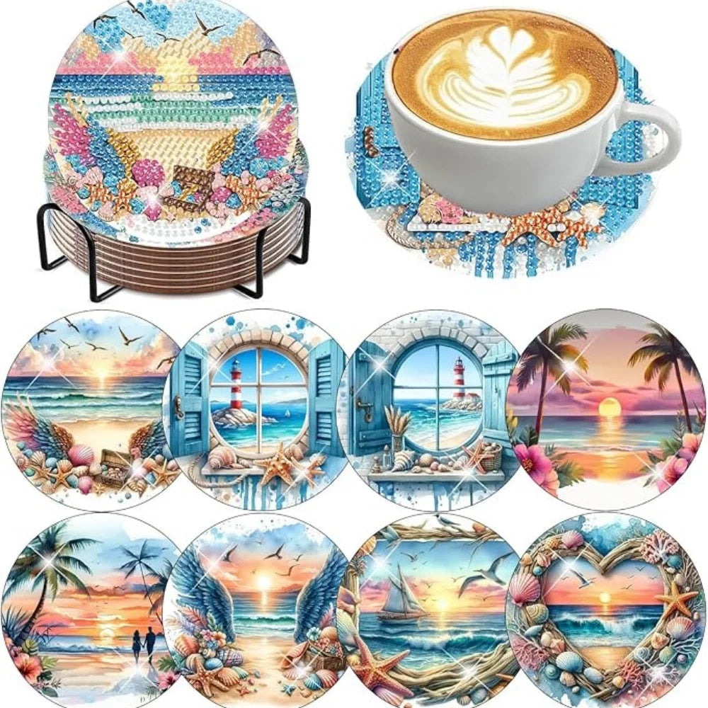 DIY Diamond Art Coaster Set with Holder – 8 Acrylic Coasters for Home Decor and Gifting
