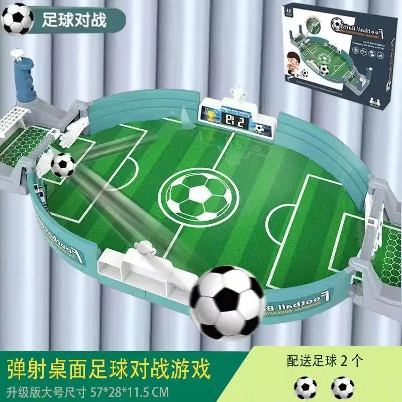 A green tabletop soccer game set featuring a field, goal, and a soccer ball, packaged for family fun.
