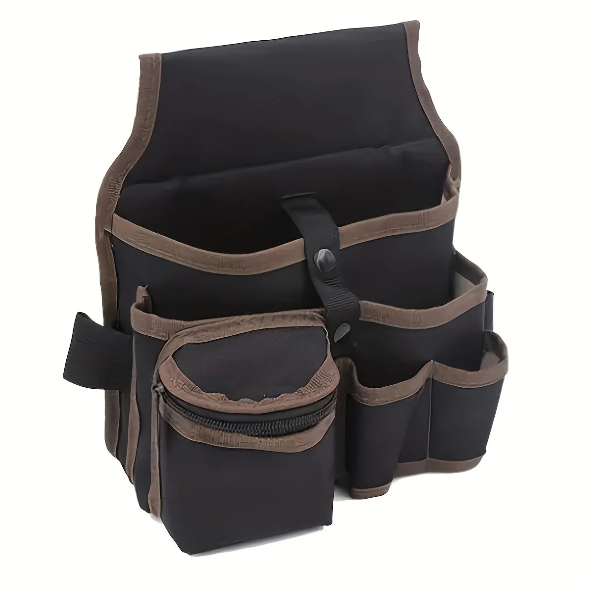 A dark brown heavy-duty tool waist bag with multiple compartments and pockets.