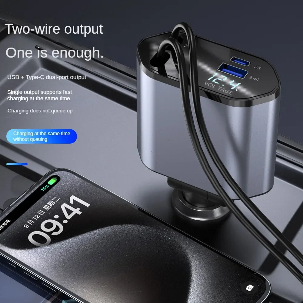 120W 4-in-1 Retractable Car Charger with Dual USB and Type-C Ports
