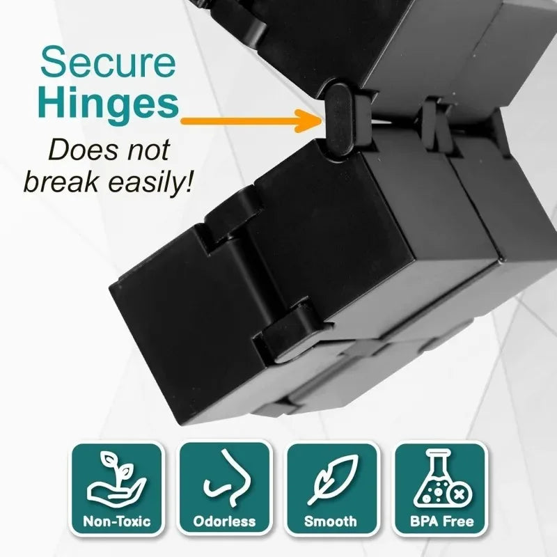 Close-up of a black metal fidget cube showing secure hinges and features like non-toxic, odorless, smooth, and BPA free mater