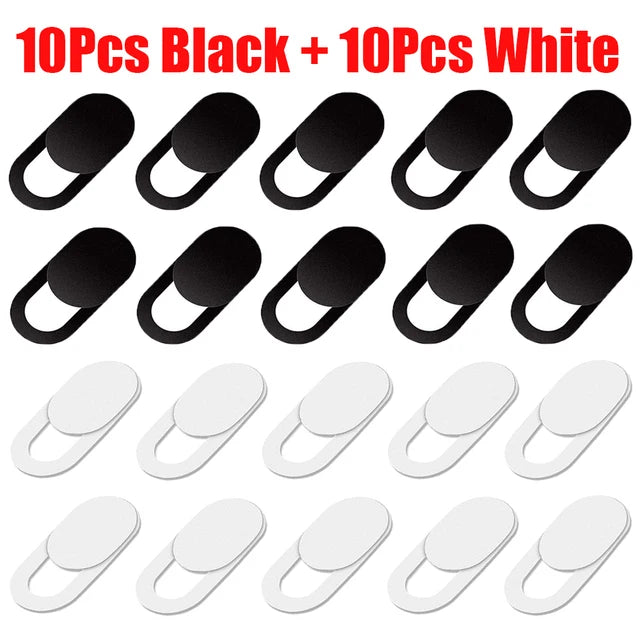A set of 10 black and 10 white privacy webcam cover sliders for laptops and mobile devices.