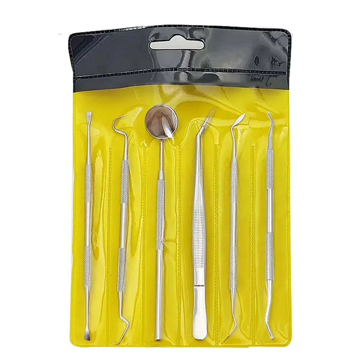 A yellow pouch containing a set of premium stainless steel dental care tools for oral hygiene.