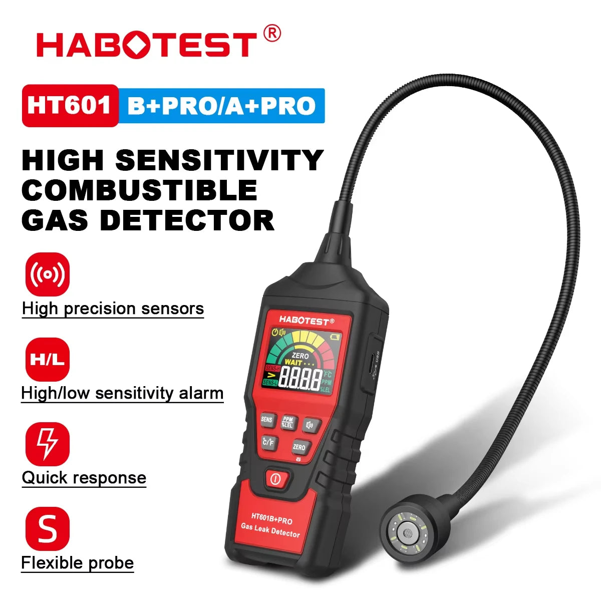 Portable Combustible Gas Leak Detector with Flexible Probe