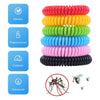 A stack of ten colorful mosquito repellent bracelets in various colors including red, yellow, green, and blue.