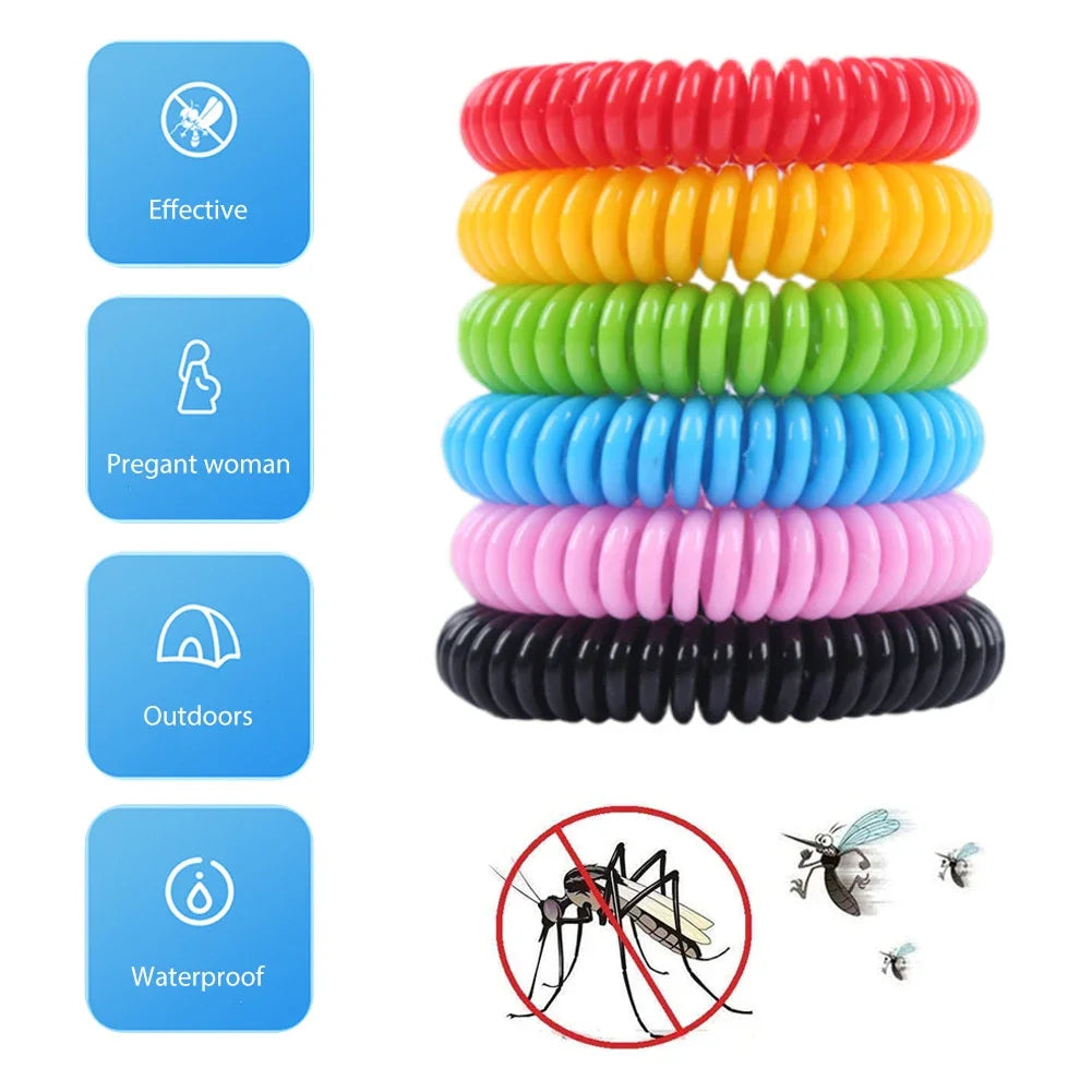 A stack of ten colorful mosquito repellent bracelets in various colors including red, yellow, green, and blue.