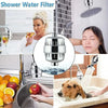 A shower head water filter is shown being used in a kitchen sink and on a shower, with people demonstrating its use.