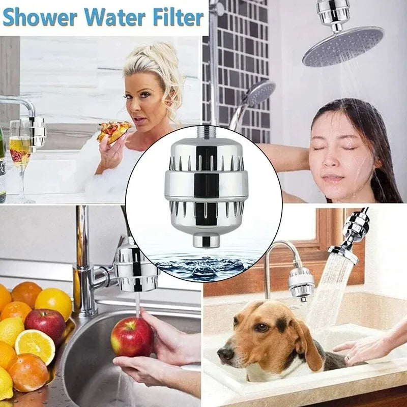 A shower head water filter is shown being used in a kitchen sink and on a shower, with people demonstrating its use.
