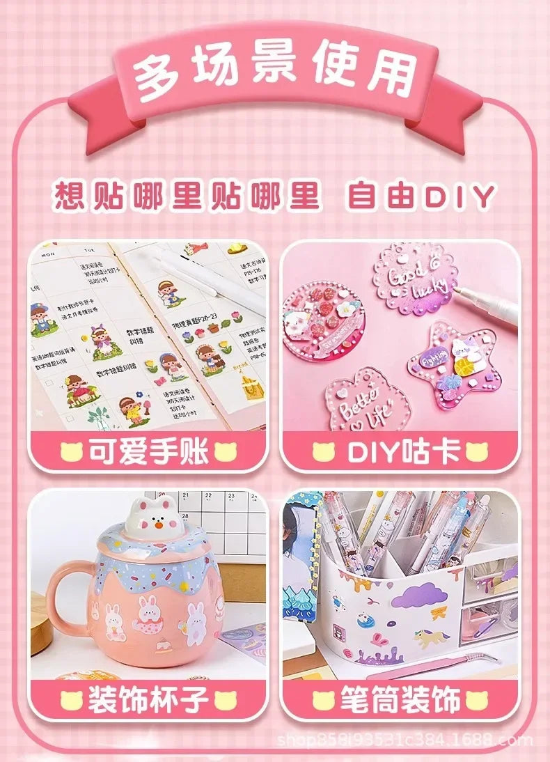 Set von Kawaii-Cartoon-Tier-Scrapbook-Sticker und DIY-Kits mit verschiedenen Bastelmaterialien und fertigen Produkten.