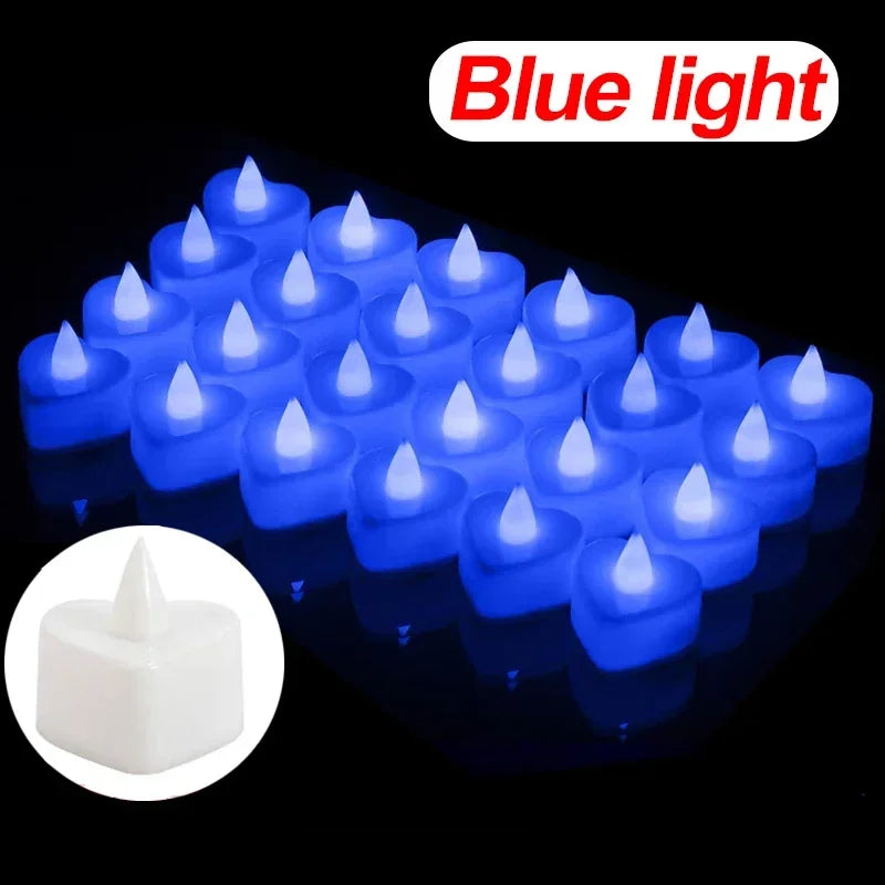 A display of blue light heart-shaped flameless LED candles arranged in a row.
