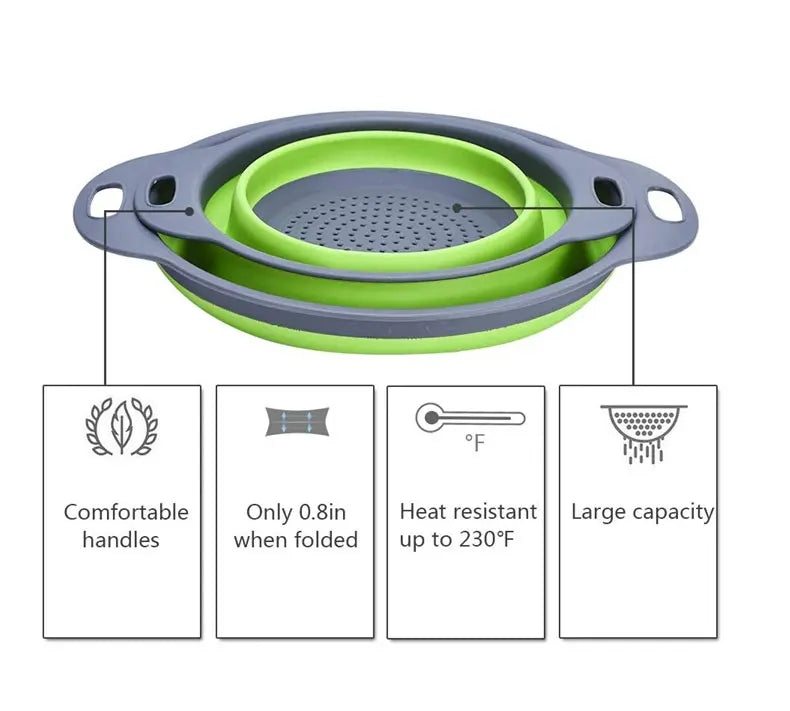 Set de paniers de vidange en silicone vert et gris, avec poignées confortables et résistance à la chaleur jusqu'à 110°C.