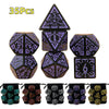 A set of 35 polyhedral dice in various colors and shapes for tabletop role-playing games