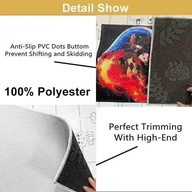 Detail show of a black polyester rug featuring anti-slip dots and high-end trimming.