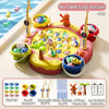 A pink magnetic fishing game set featuring a yellow boat, various fish, and rods for kids.