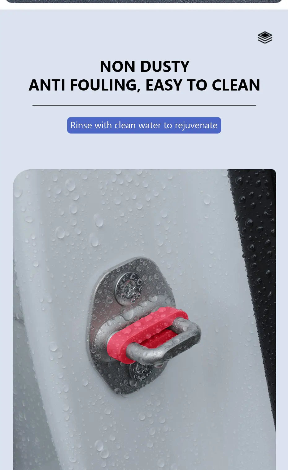 Close-up of a red silicone door shock-absorbing pad attached to a car door, with water droplets visible.