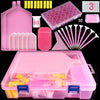 A complete diamond painting organizer kit featuring various pink and yellow plastic components and a clear storage case.