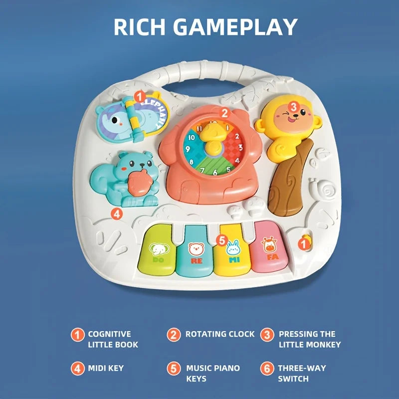 A white interactive baby learning table featuring six numbered buttons for cognitive skills and musical piano keys.