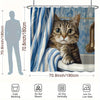 A shower curtain featuring a kitten design, showing dimensions and care instructions.
