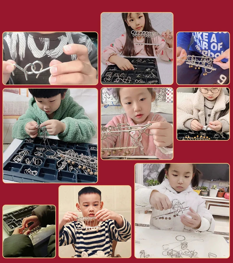 A collection of metal wire puzzle brain teasers and crafting tools being used by children.