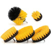 A set of yellow and black rotary cleaning brushes with extension shafts for drills.
