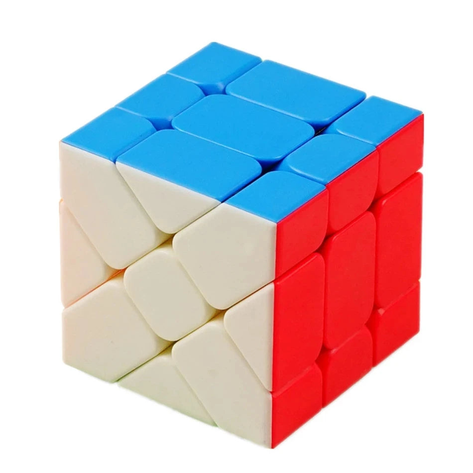 A colorful speed cube puzzle with blue, white, and red faces.