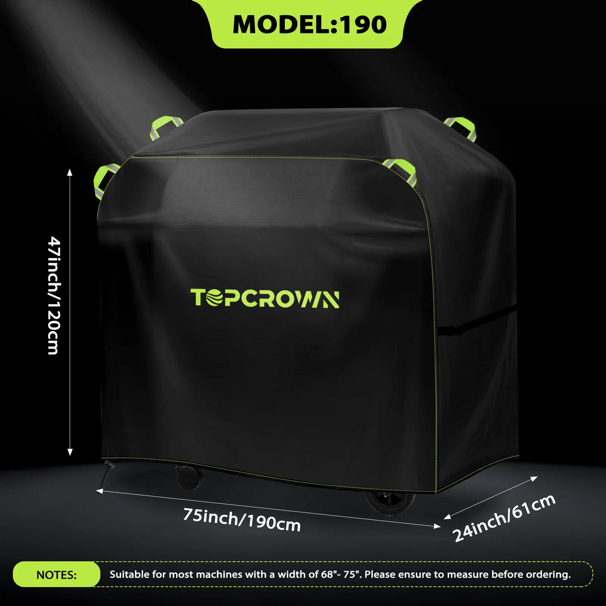 Black waterproof BBQ grill cover model 190 with reflective strips shown from the side.