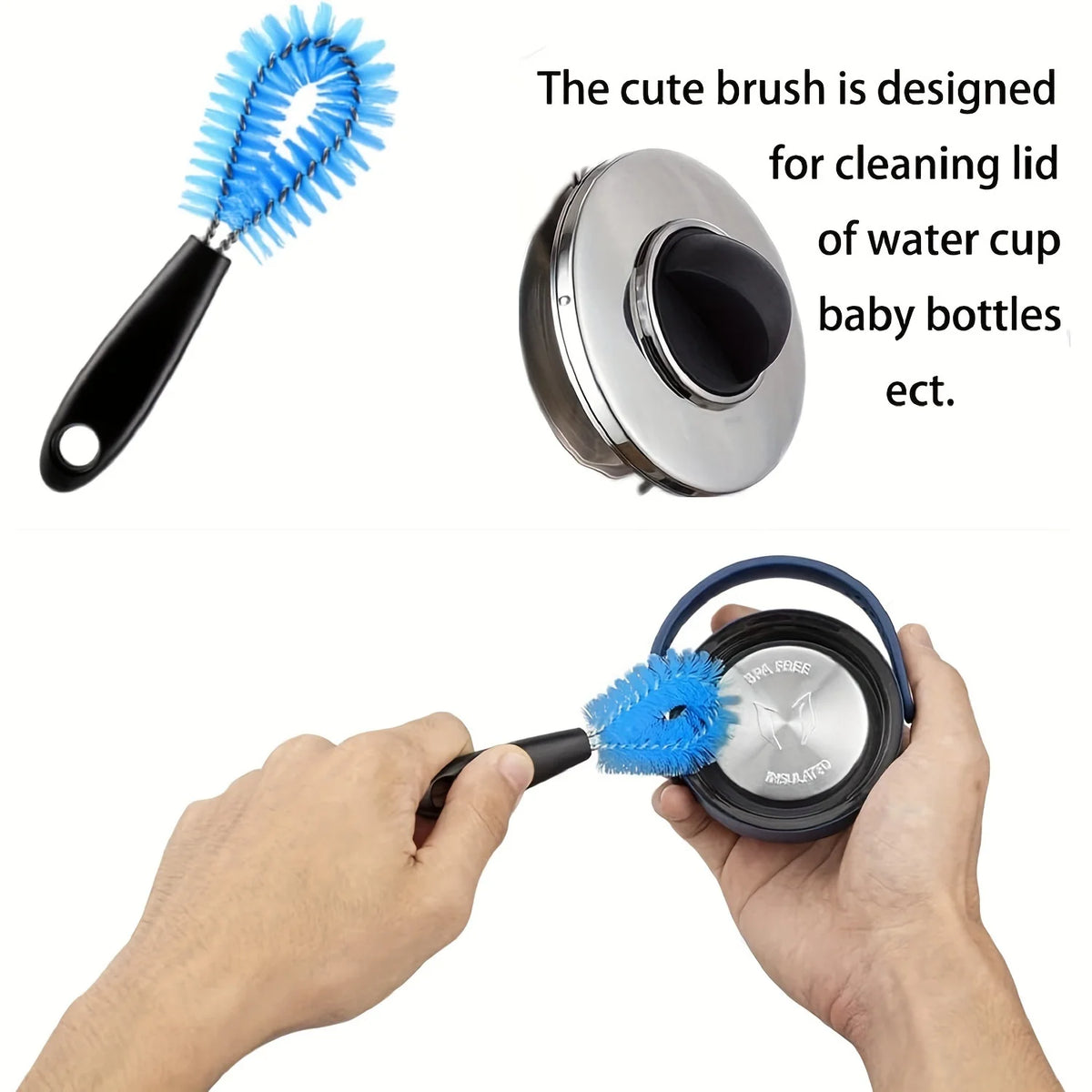 A hand is using a blue silicone brush to clean the lid of a baby bottle.