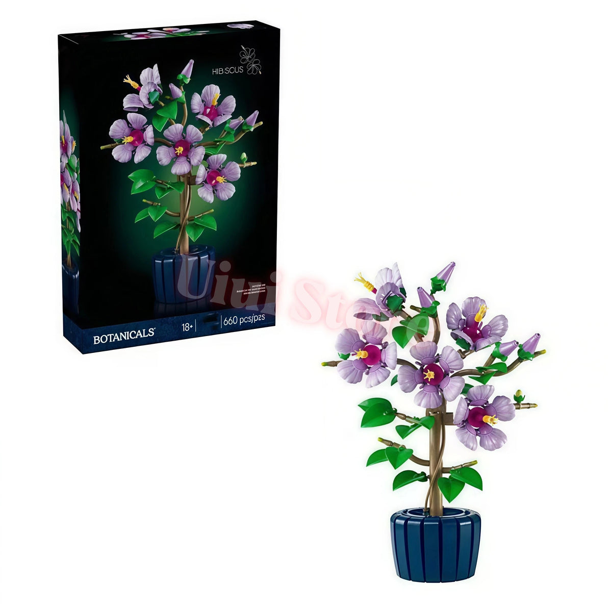 A box set of botanical blooms building blocks featuring purple and pink artificial flowers.