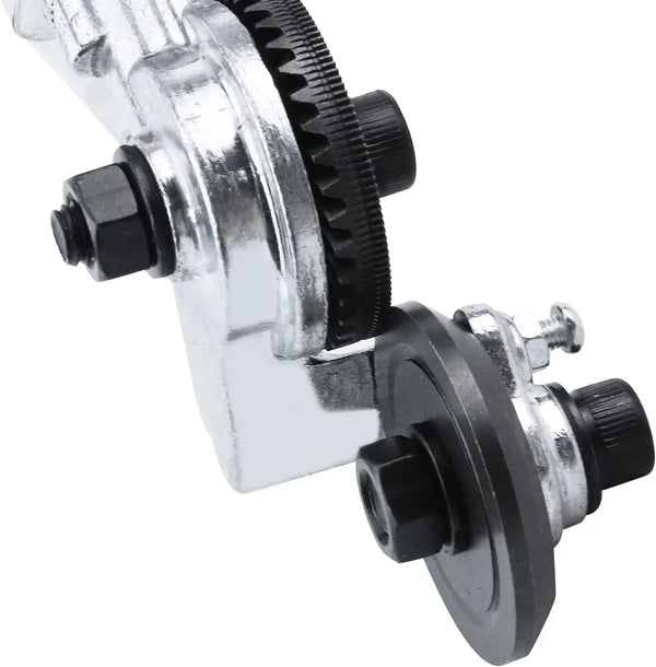 Close-up view of a silver drill-attached sheet metal nibbler cutter with a black gear mechanism.
