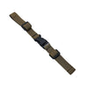 A close-up view of a tan and black adjustable backpack chest strap.