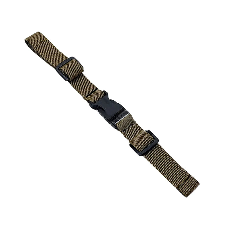 A close-up view of a tan and black adjustable backpack chest strap.