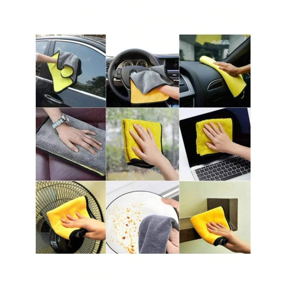 Eine Sammlung gelber und grauer Mikrofaserhandtücher zum Reinigen des Auto-Interieurs und anderer Oberflächen.