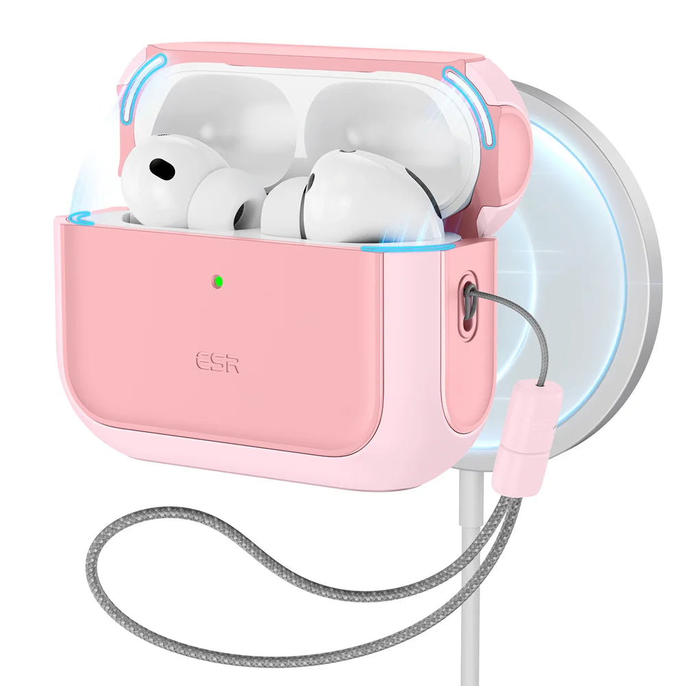 A pink case for AirPods Pro 3 earbuds with a secure magnetic lock and drop protection feature.