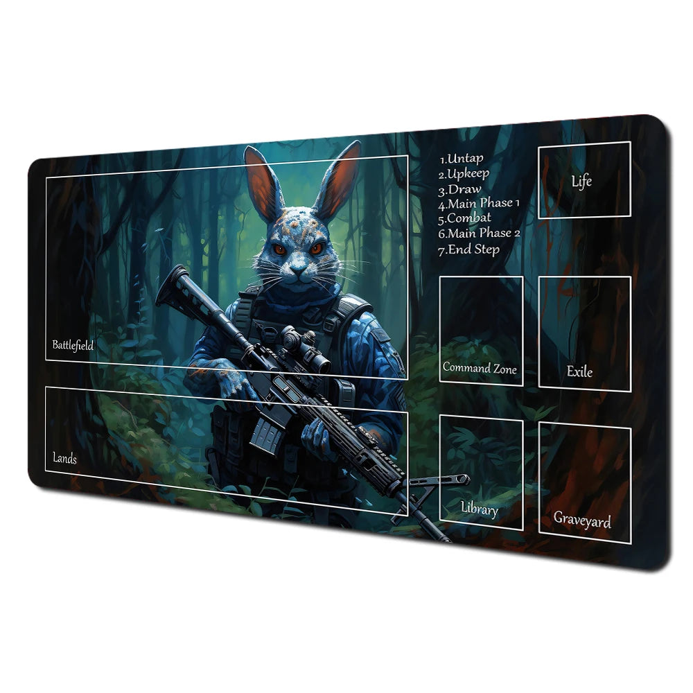 Fantasy card playmat featuring an illustration of a rabbit archer and raccoon in a forest setting with various labeled zones.