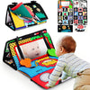 A high-contrast crinkle cloth book with a tummy time mirror featuring letters and animals for babies.