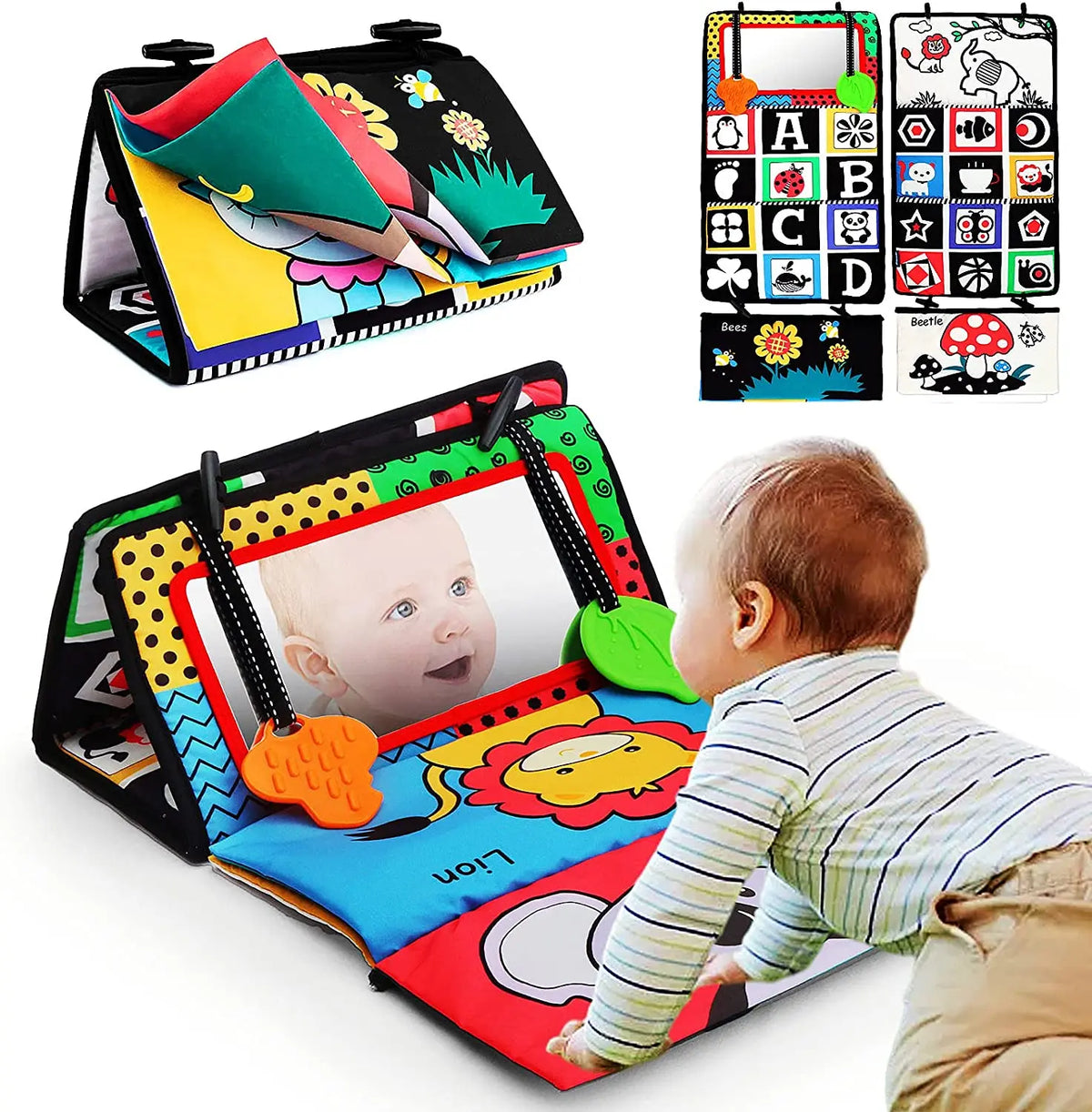 A high-contrast crinkle cloth book with a tummy time mirror featuring letters and animals for babies.