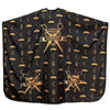 Black waterproof barber gown or cape with gold embroidery and adjustable hook.