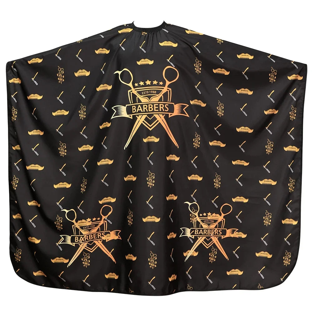 Black waterproof barber gown or cape with gold embroidery and adjustable hook.