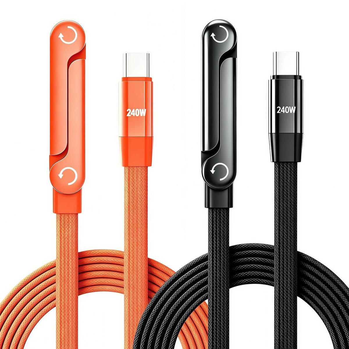 A set of orange and black 240W USB-C fast charging cables with foldable phone stands shown against a white background.