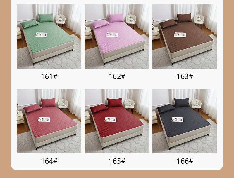 Six variations of a waterproof mattress protector with elastic straps in various colors including green, pink, brown, red, an
