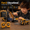 A boy plays with a yellow remote control construction vehicle toy on a wooden table.