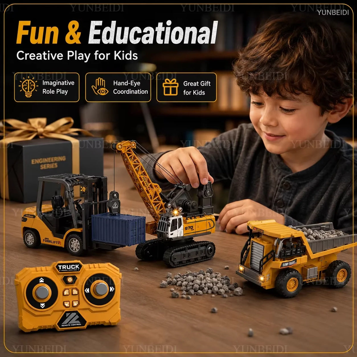 A boy plays with a yellow remote control construction vehicle toy on a wooden table.