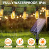 String lights hanging outdoors with a solar panel and icons indicating waterproof windproof snowproof and sunproof features