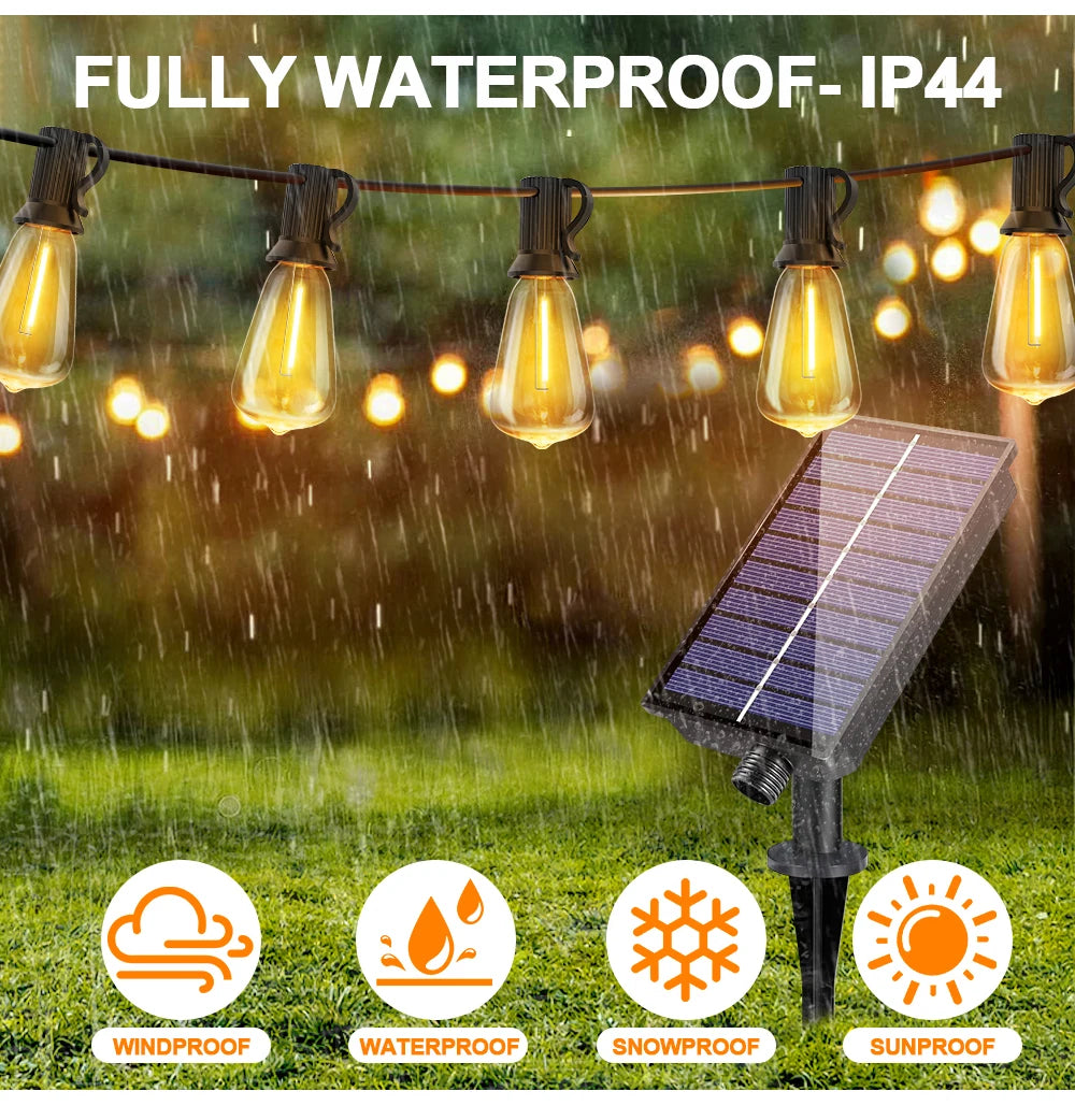 String lights hanging outdoors with a solar panel and icons indicating waterproof windproof snowproof and sunproof features
