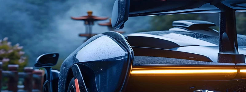 Close-up of an amber LED grille light on a black Ford Ranger Raptor, showing off-road context.