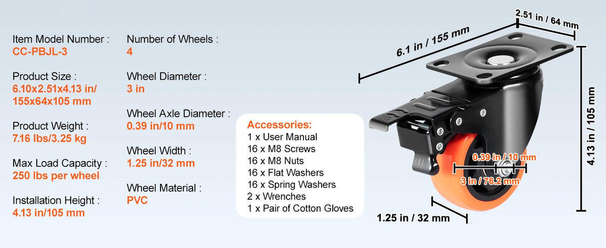 Heavy-Duty Swivel Plate Casters with Dual Locking Brakes (Set of 4)