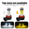 Two sizes of H8/H11 LED fog light bulbs are shown, one white and one yellow, with accompanying test images.