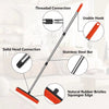 A long, slender rubber broom and carpet rake with an adjustable handle and various connection points is shown.