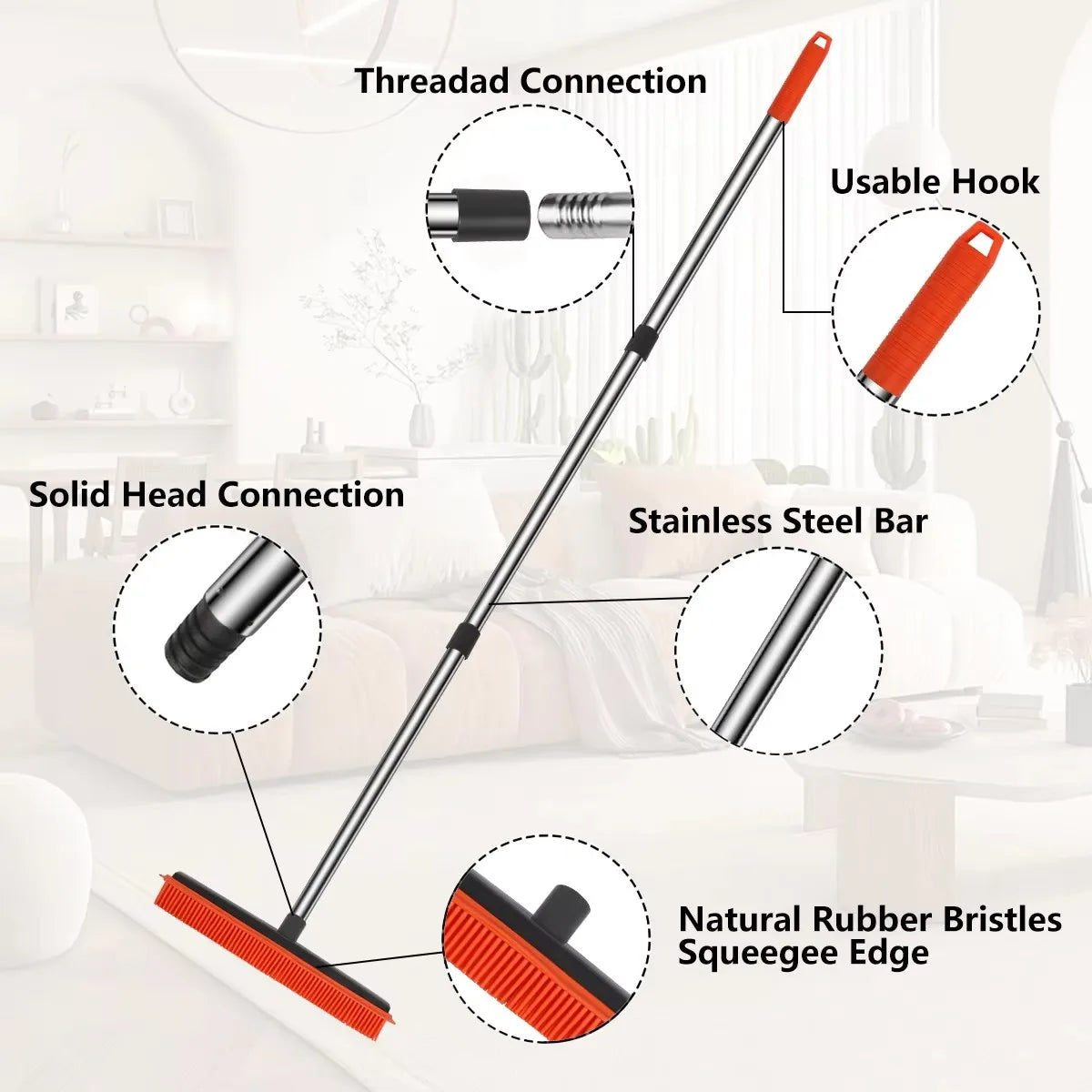 A long, slender rubber broom and carpet rake with an adjustable handle and various connection points is shown.