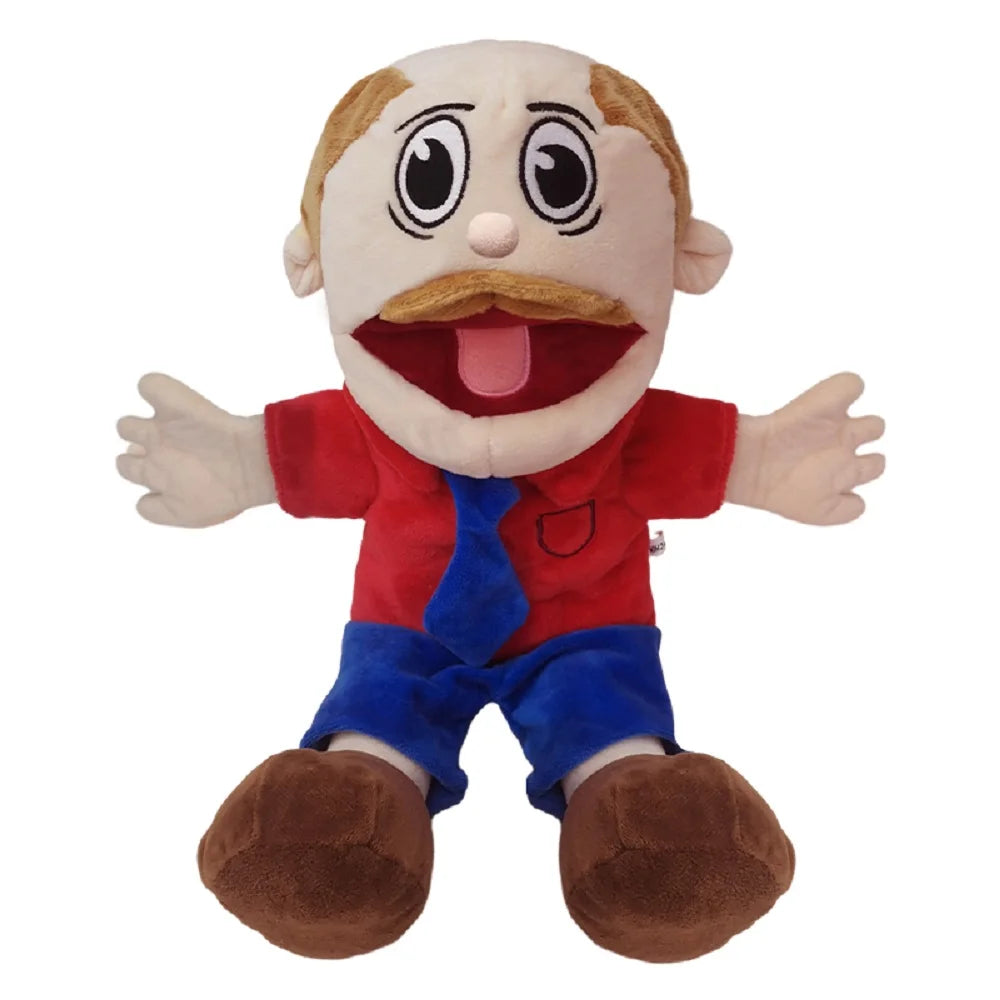 A plush toy of Jeffy, a puppet character with white hair and a mustache, wearing a red shirt and blue pants.